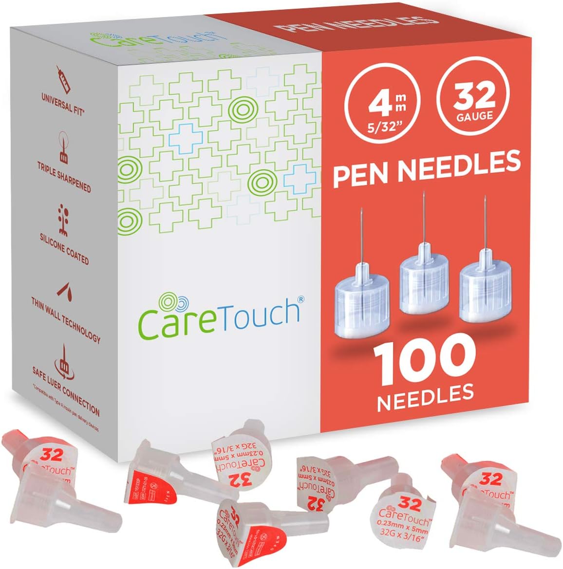 Care Touch CTPN32532 Insulin Pen Needles 32g 4mm Ultra Fine, 32 Gauge 5/32 inches, Shape, (Pack of 100)