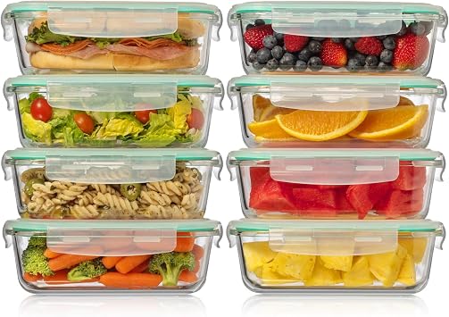 8 Pack 35 oz Glass Storage Containers with Lids - Airtight, Leakproof, Oven, Microwave & Freezer Safe, Stain & Odor Resistant, Reusable Meal Prep Containers (16-Piece)