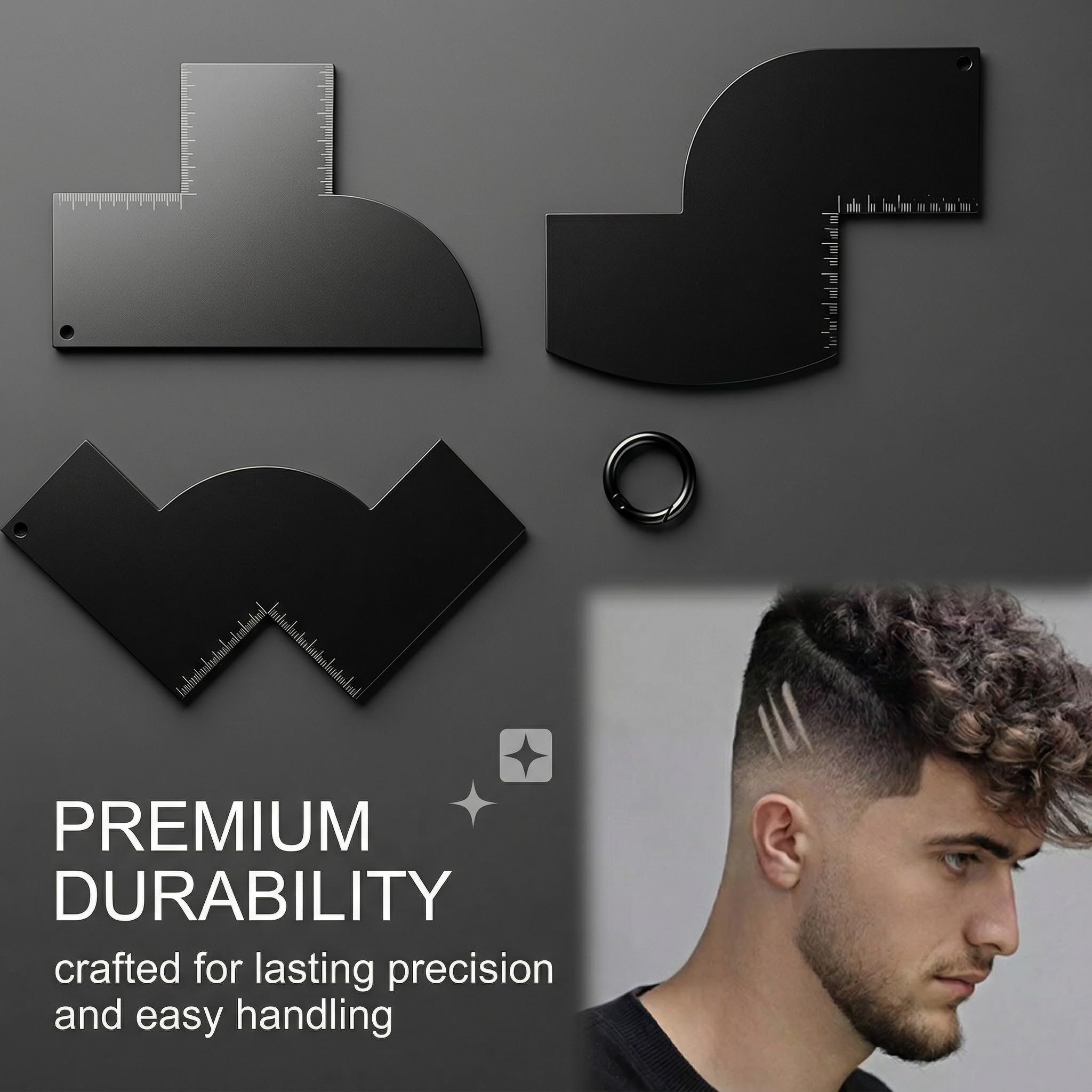 3 Pièces Cartes d'Amélioration Barbier avec Indicateurs Mesure, Barber Tools, 3 Formes Outil Mise en Forme Ligne Capillaire Gabarit Barbe Noir Outils Bordure en Spray Réutilisables pour Hommes