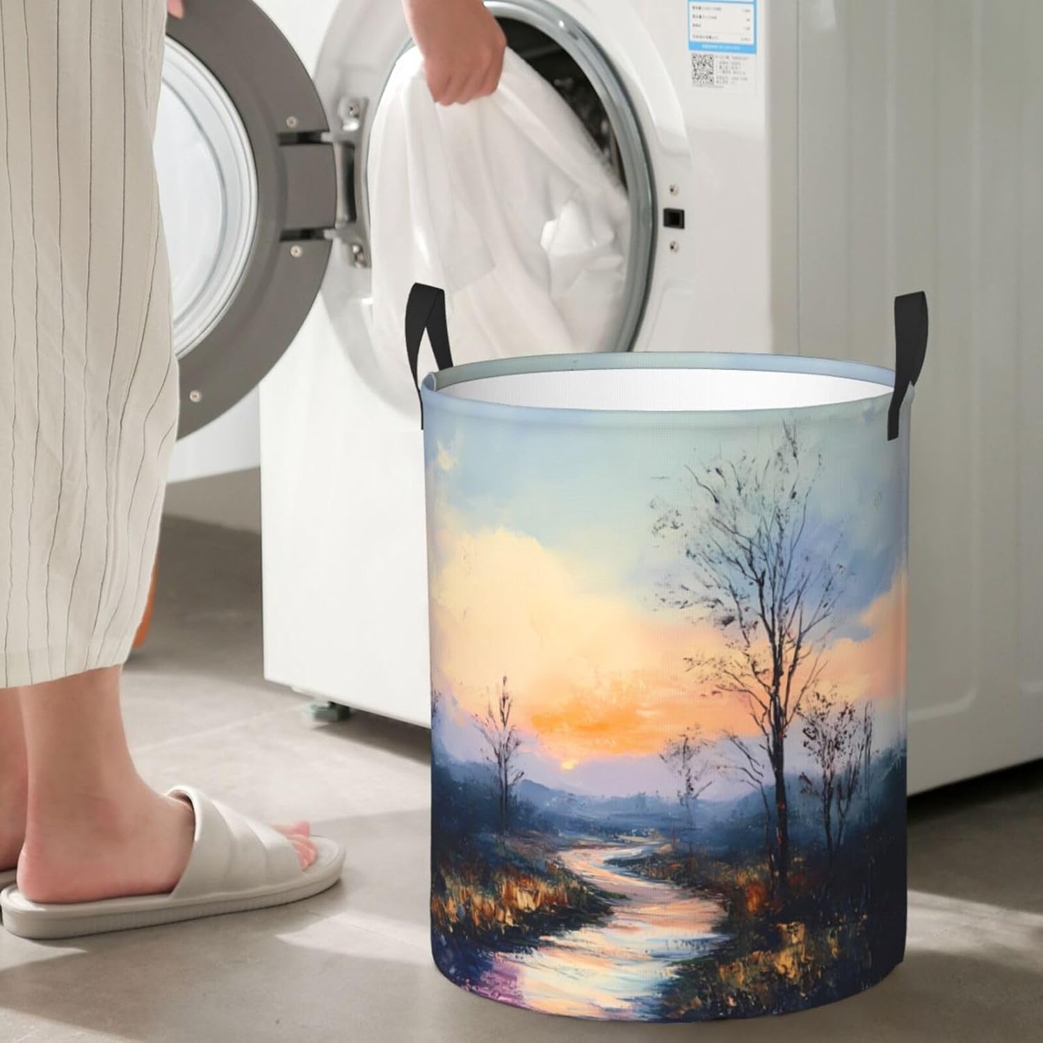 Country Road Round Single-layer Laundry Basket, Portable Storage Laundry Basket, Bedroom Clothes Storage Basket with Handle