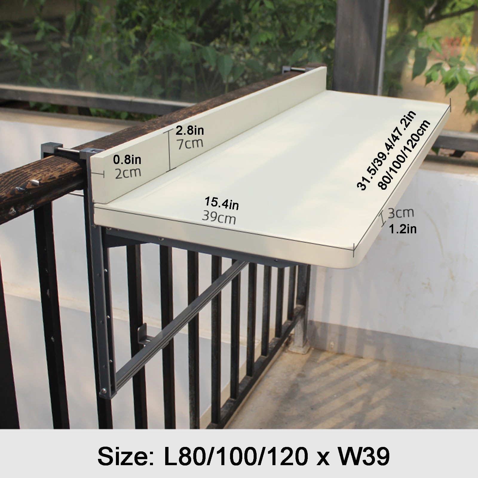Mesa Plegable para barandilla de balcón, Ideal para Patios y terrazas, Color Blanco, 80 x 39 cm (Largo x Ancho) Servir Bebidas y Aperitivos en tu balcón.