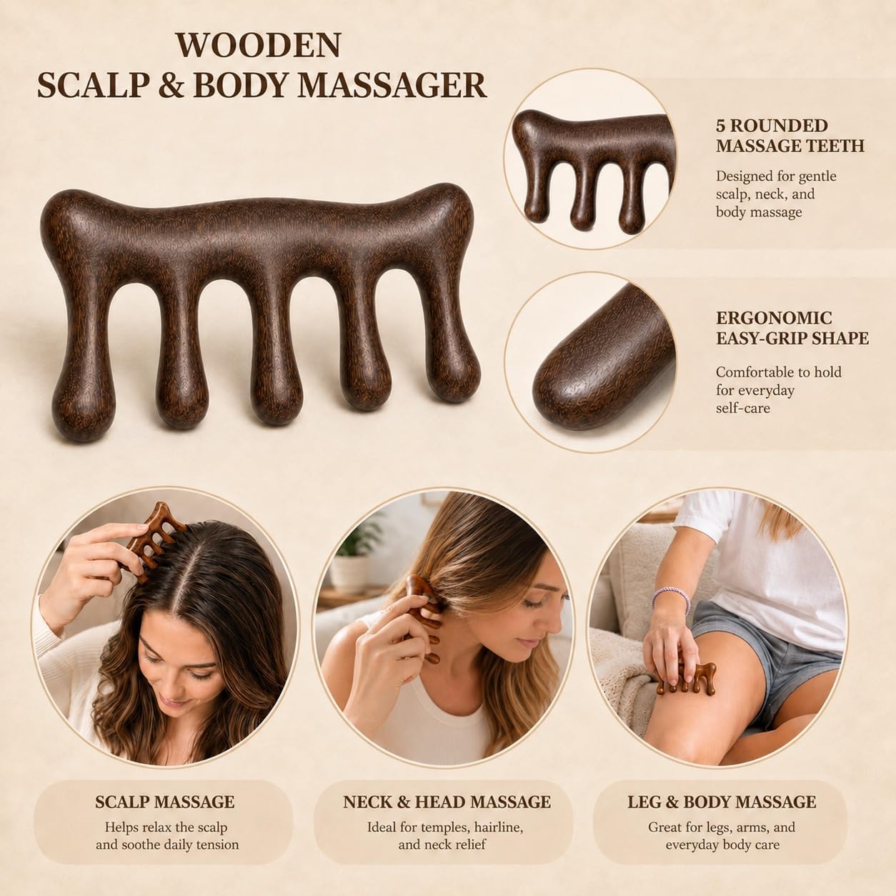 3 Pcs Wooden Scalp Massager, Natural Wood Head Massager Scalp Tool for Relaxation, Manual Massage Comb for Stress Relief and Daily Wellness