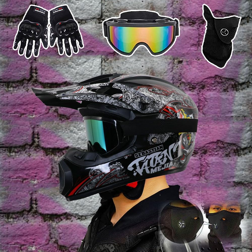 Casco Integral para Motocross Homologado por La Dot - Kit Completo de Casco para ATV para Adultos Y NiñOs con Gafas, Guantes, MáScara, Visera Ajustable Y Cierre RáPido