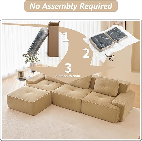 Miniatura 9 de Sofás modulares deshuesados de 115 pulgadas para sala de estar, sofá modular de pana, sofá modular camel, 3 plazas con 1 otomana, sofás para sala de