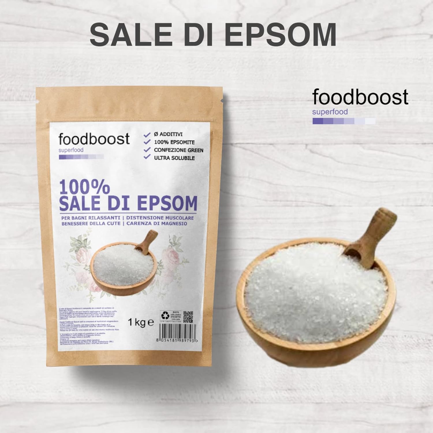 Sale Epsom Puro 1Kg Foodboost, Naturale al 100%, Ricchissimo di Magnesio, Efficace per la Bellezza di Corpo, Pelle e Capelli, Ottimo come Fertilizzante