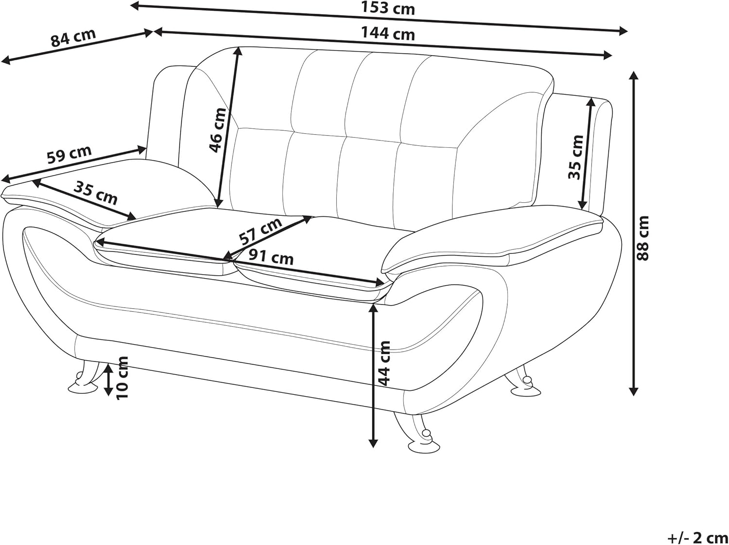 Line drawing of the Beliani Leira 2-Seater Sofa with detailed dimensions