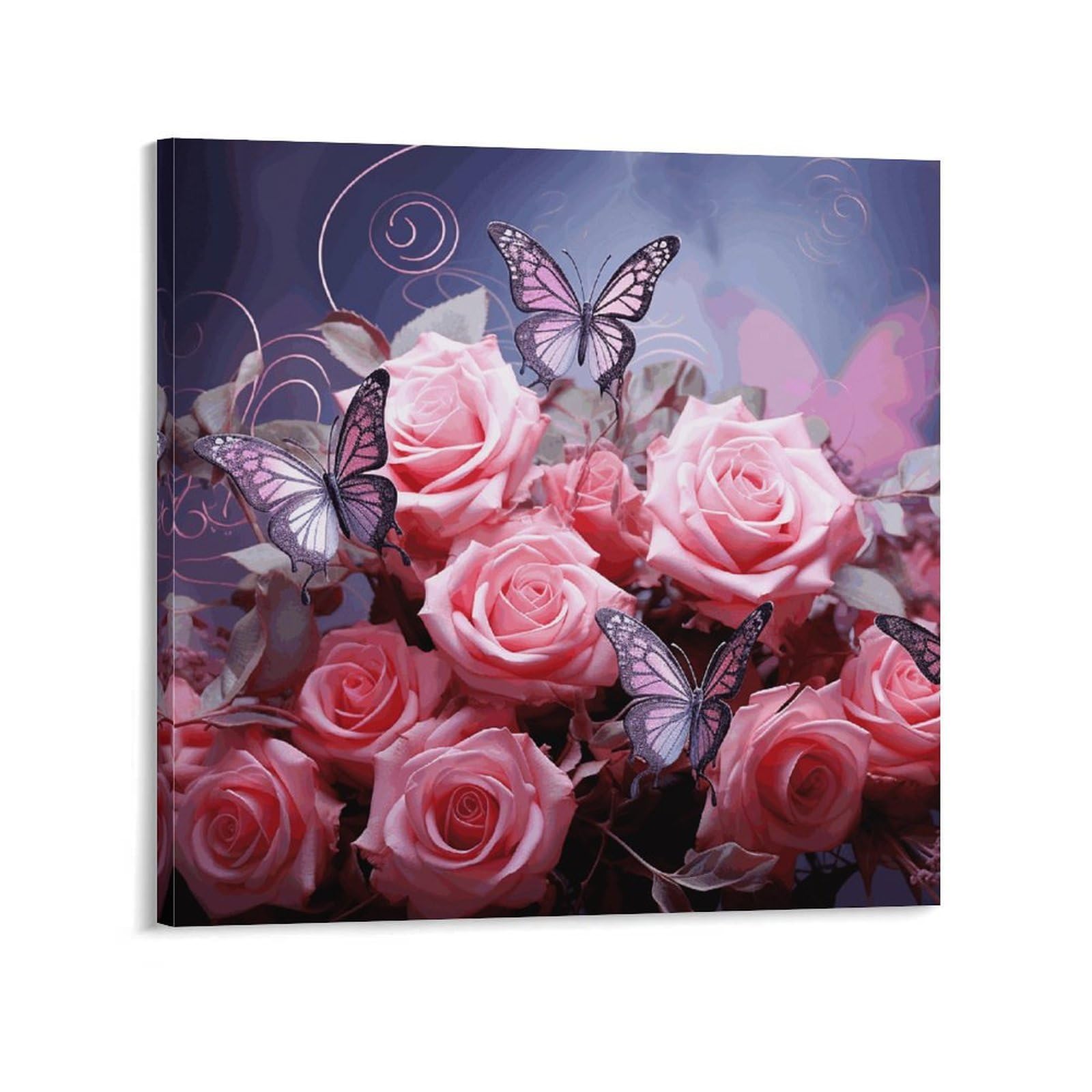 KLOPH Pink Roses And Butterflies Canvas Wall Art for Living Room 08x8inch Modern Artwork Painting for Bathroom Hanging Canvas Prints Aesthetic Wallart for Bedroom Kitchen Office Wall Decor