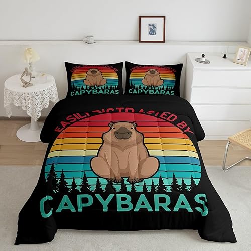 Capybaras - Juego de edredón Queen de 3 piezas, divertido juego de cama de capibara arcoíris para niños y adolescentes, edredón de plumón con
