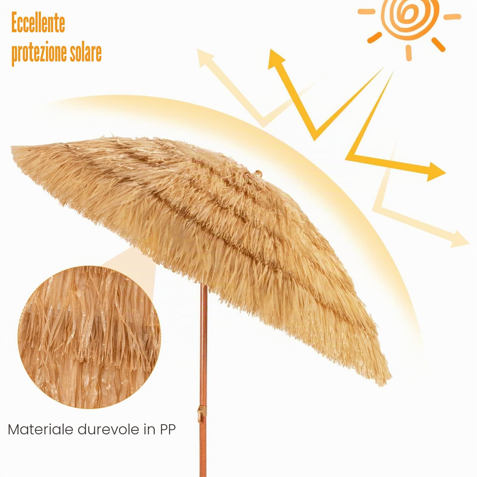 KOMFOTTEU Ombrellone da Spiaggia 200 cm, Parasole Hawaiano, Antivento, Impermeabile, Anti UV, Ombrello in Paglia Pieghevole e Portabile, Ombrello in Rafia per Giardino, Balcone, senza Base, Giallo