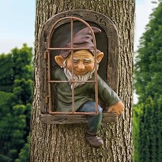 Gnome Statue Tree Face Outside Yard Art Outdoor Statue, 12 Inch Elf Out of The Window Tree Decor and Yard Decorations, Whimsical Gnomes Garden Sculptures & Statues, Fairy Tree Peeker Ornaments