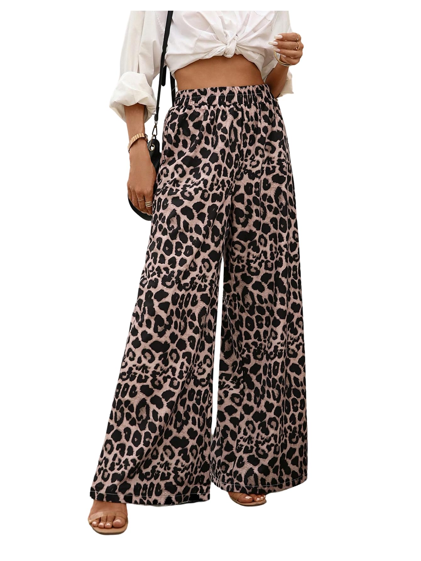 SweatyRocks Womens Leopard Print Elastic High Waisted Wide Leg Pants Loose Trousers