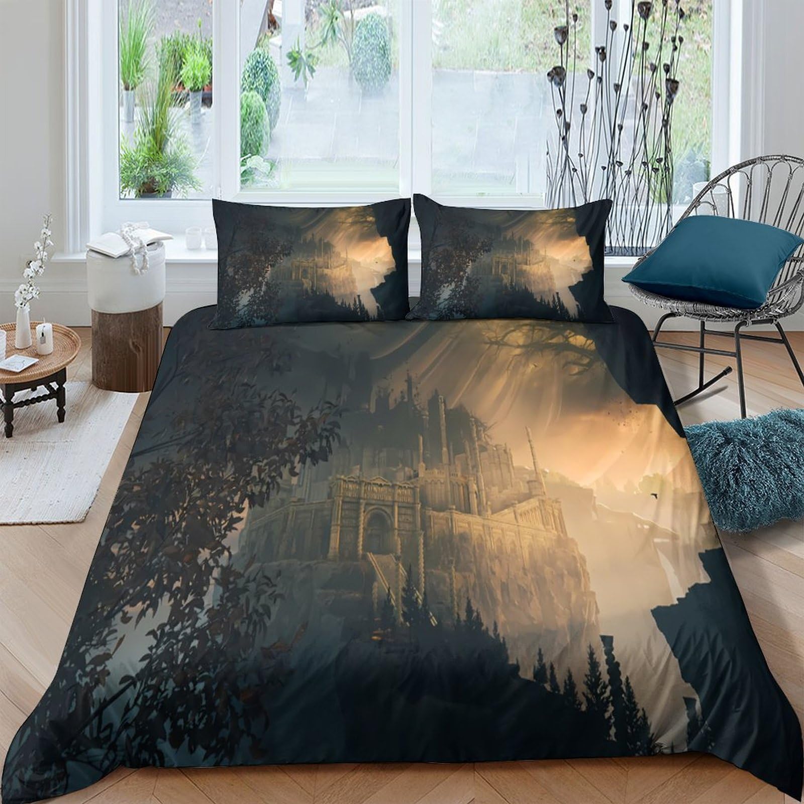 Ctjqhvkz Style-1 3D Printed Misty Forest Fitted Sheet Microfiber Soft Breathable Golden Light Bed Cover For Bedroom Decor Single（135X200cm）