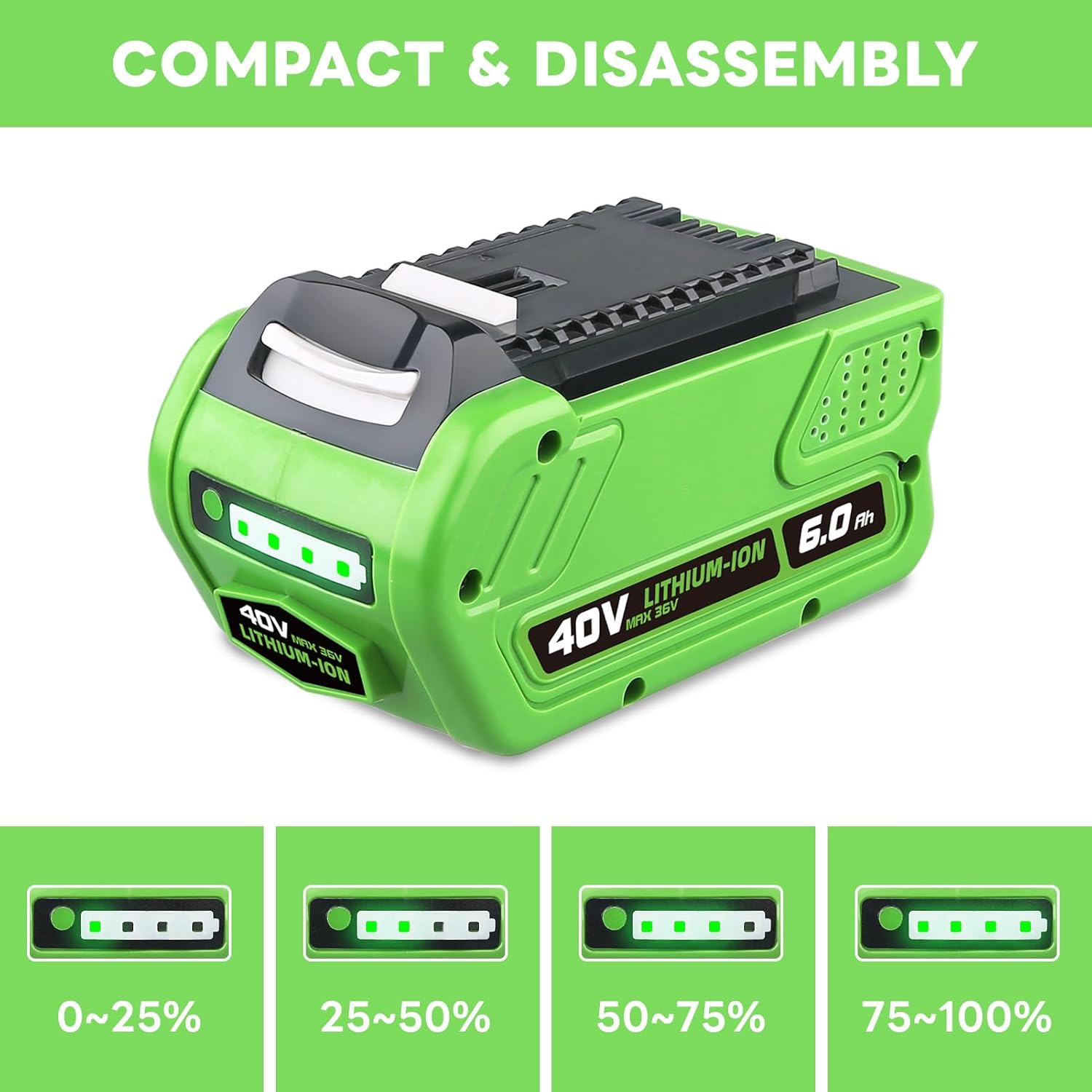 6.0Ah 29462 29472 Lithium 40V Battery Replacement Compatible with GREENWORKS 40Volt 40V 29472 29462 2901319 24282 24252 21332 25322 20672 20312 21362 26272 G-Max Cordless Power Tools
