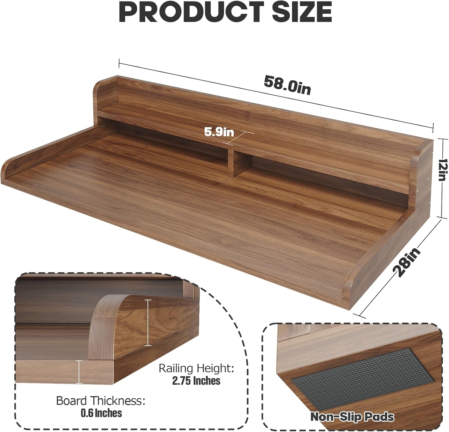 2-Tier Washer Dryer Countertop with 2.75" H Edge Rails, 58" W x 28" D Laundry Countertop for Folding Clothes, Washer and Dryer Topper with Non-Slip Pad (Dark Walnut)