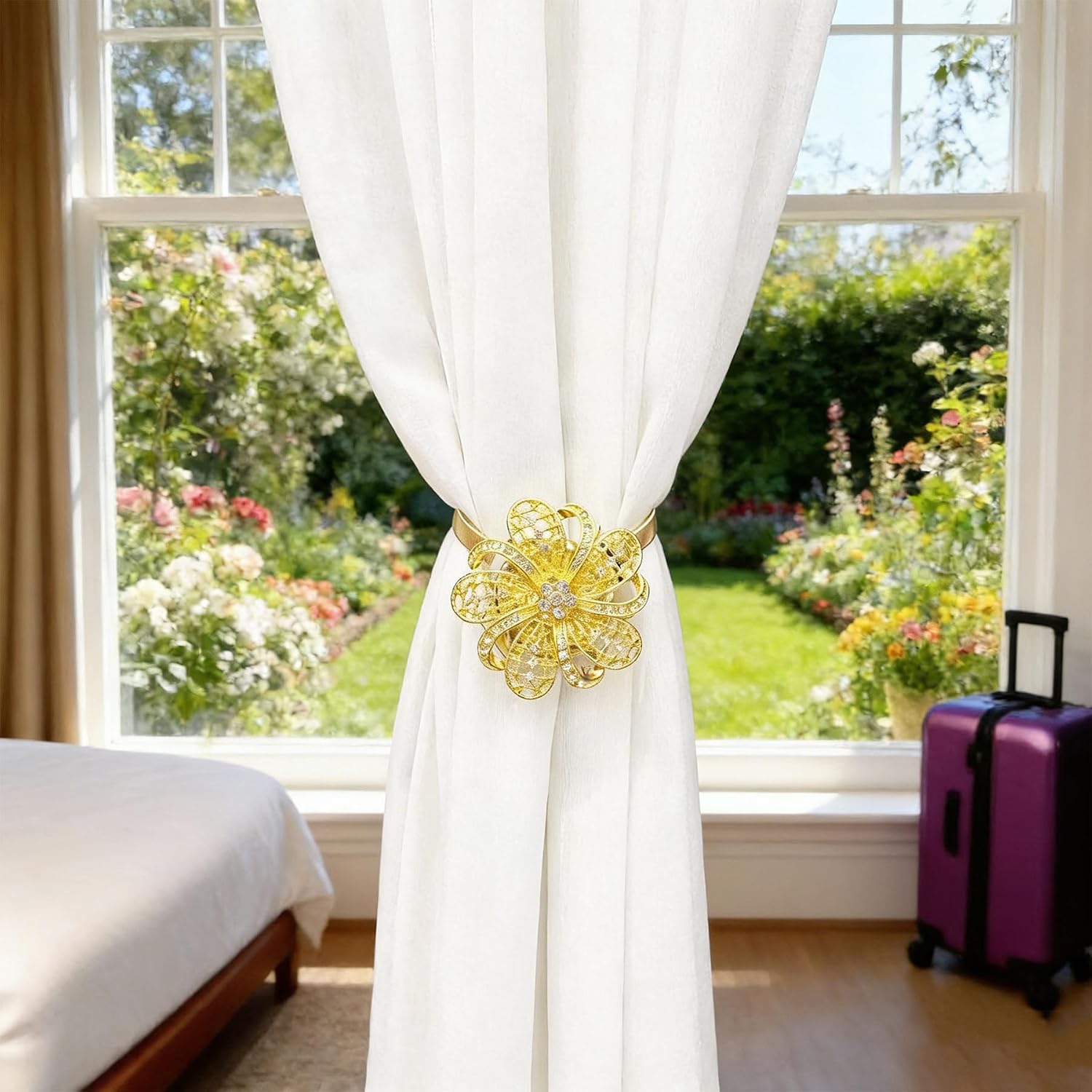 2 Packs Gold Mandala Magnetic Curtain Tiebacks Boho Decorative Curtain Holdbacks with No-Drill Magnetic Clasps Sparkling Crystal Flower Design for Living Room Bedroom Window Decor image 3