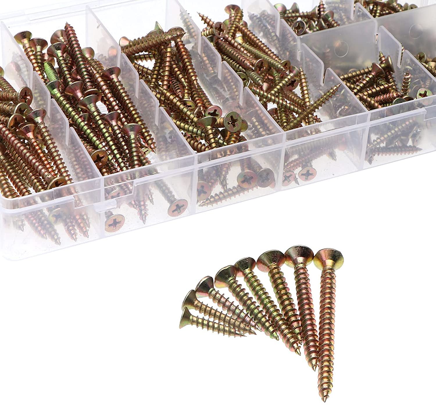 BAtlam 332 Uds. En Caja, Clavos de Fibra de Zinc chapados en Color, Tornillos de carpintería autorroscantes Cruzados avellanados, combinación de M3-M4