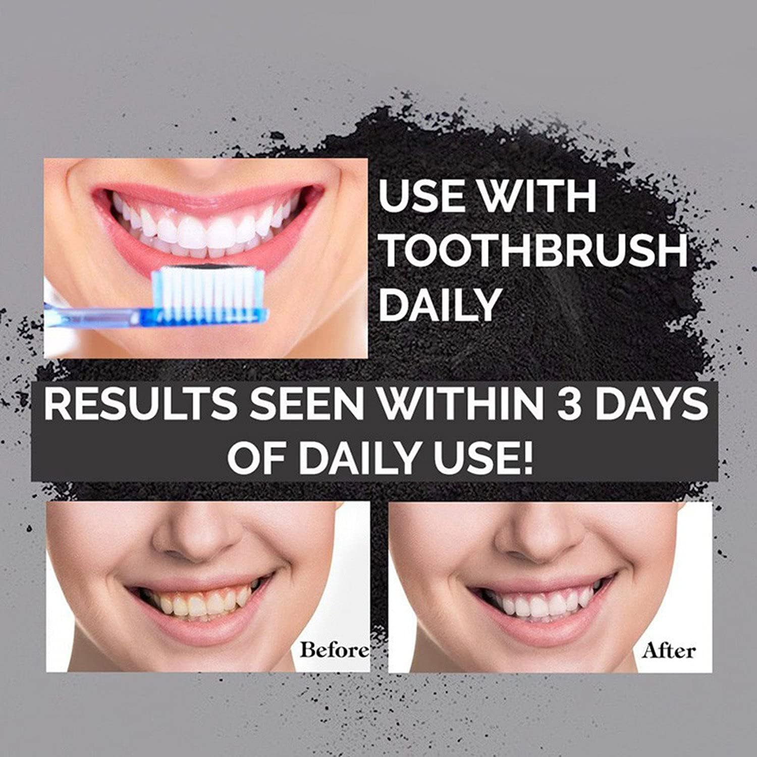 AZDENT Activated Teeth Whitening Charcoal Powder Toothpaste Natural Teeth Whitener with 2 Pcs Bamboo Toothbrush for Adults