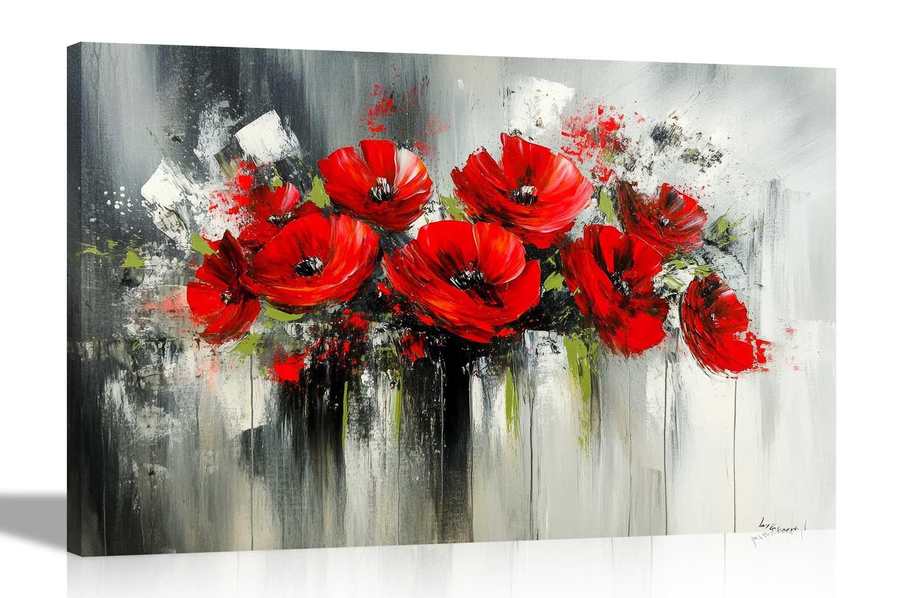 Artley Prints Red Vase Abstract Flowers - Abstract Red Flowers Black And White Background Canvas Wall Art Pictures Home Decor Living Room Bedroom Art Pictures 76 X 50Cm (30 X 20 Inches)