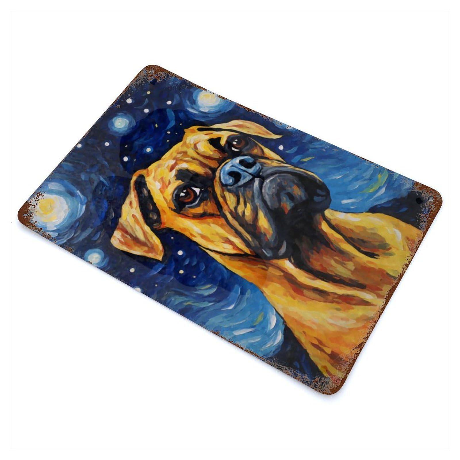 Rust Effect Tin Sign Boxer Dog Starry Night 11.8"x7.9", Vintage Wall Decor for Living Room, Hallway And Home Decor
