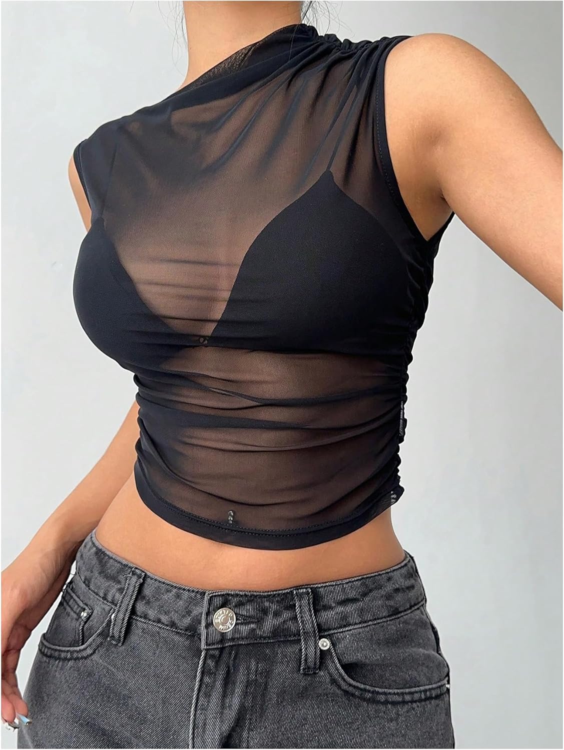 Women's Mesh See Through Tank Top Sleeveless Mock Neck Ruched Crop Tops Going Out Outfit - Image 4