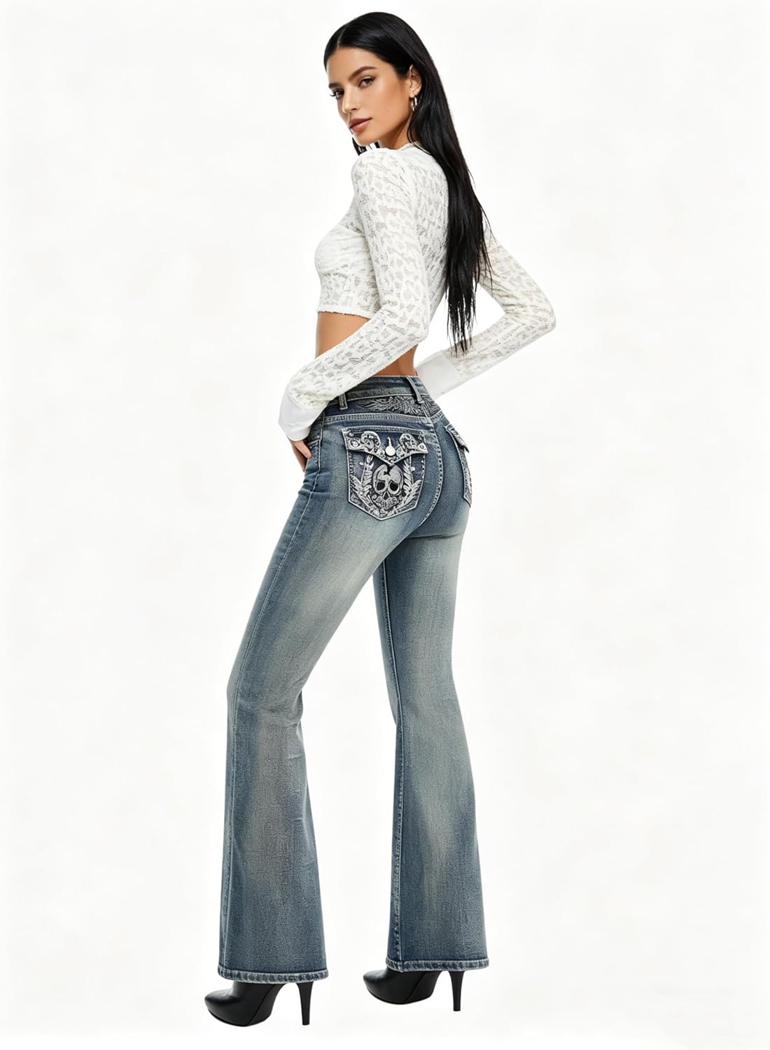 Women's Mid Rise Stretch Bootcut Jeans - Skull Embroidered Blue Denim Pants with Rhinestones Y2K