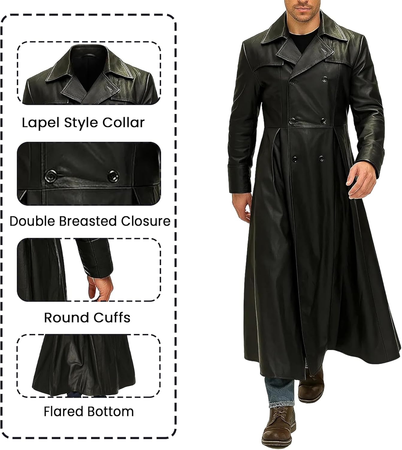 Black Leather Trench Coat - Men’s Genuine Vintage Lambskin Leather Full Length Classic Long Duster Overcoat