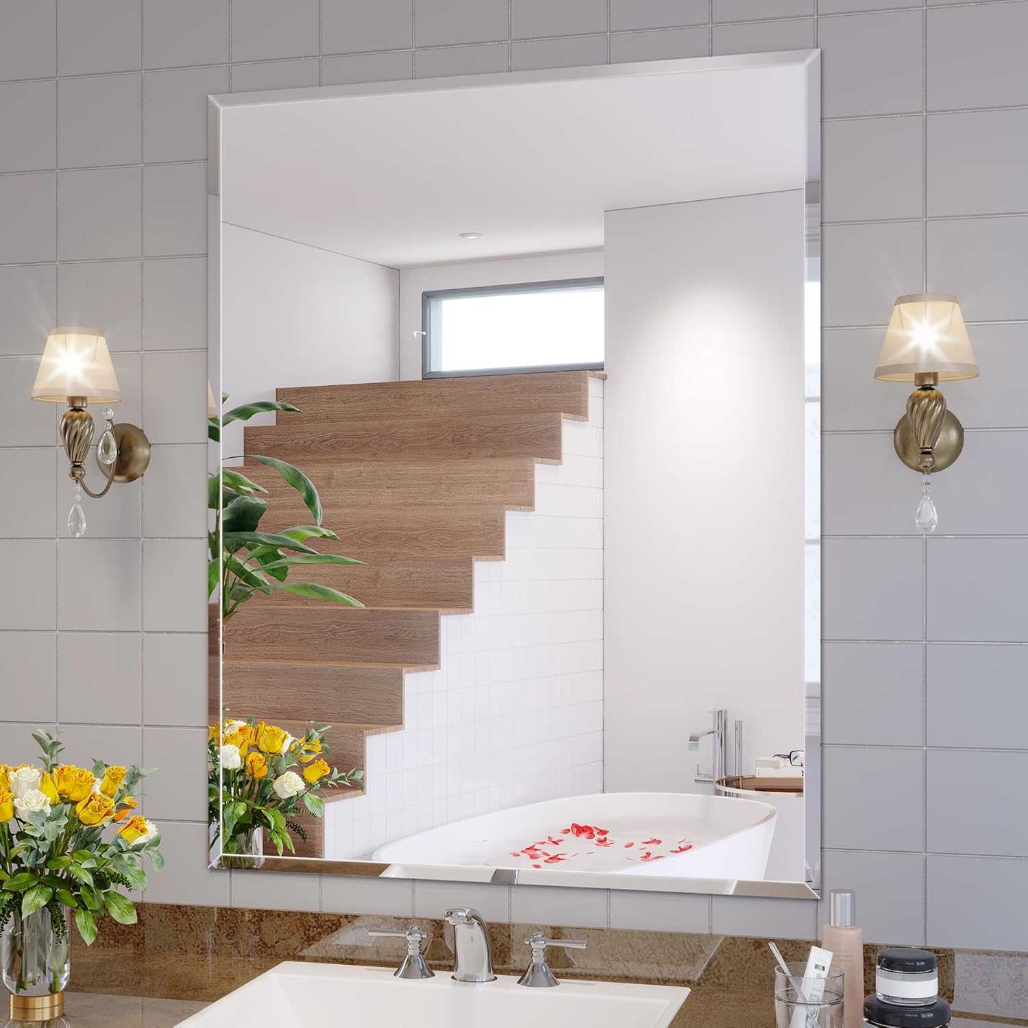 Frameless Bathroom Mirror for Wall, 28"x36" Beveled Bathroom Vanity Mirror, Modern Rectangle Bathroom Mirrors for Bedroom, Entryway, Living Room, Hangs Horizontally or Vertically 28"L x 36"W