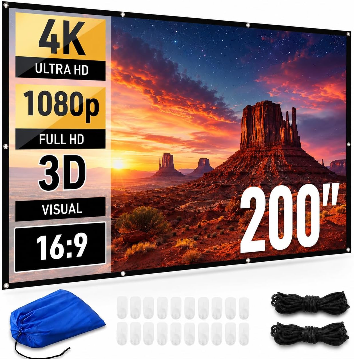 Japard 200 Inch Projector Screen, Outdoor & Indoor 4K Home Theater Screen with Grommets and Ropes