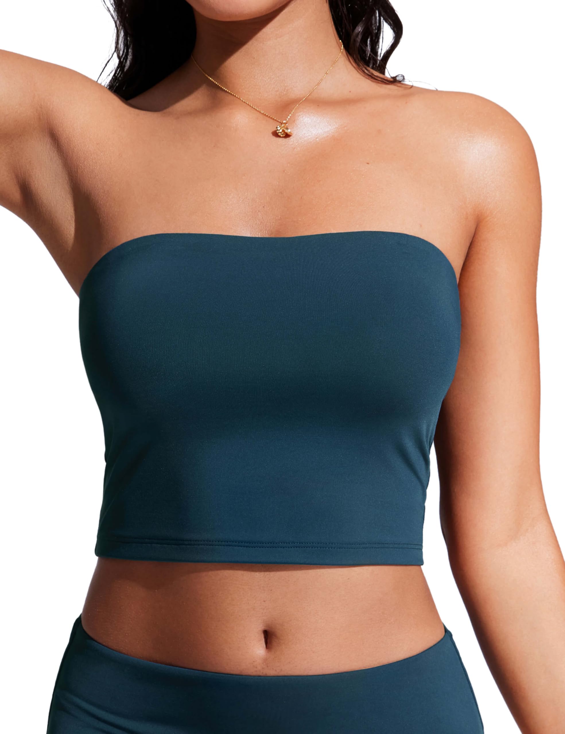 Longline Bandeau Bikini Tops for Women - Padded Strapless Adjustable Spaghetti Straps Swimsuit Bathing Crop Tankini