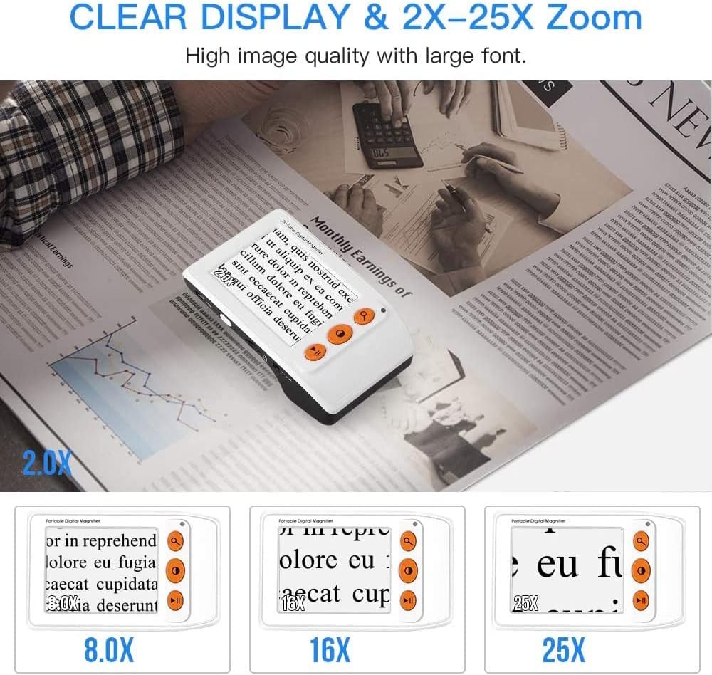 3.5 Inch Digital Video Magnifier for Low Vision People, Multi-Color Mode, 2X-25X Zoom, AV/TV Output, Ideal Tool for Reading Writing Viewing Maps Books