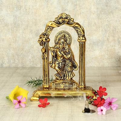 Prince Home Decor & Gifts Radha Krishna Standing Under Mehrab Metal Showpiece – Handcrafted Decorative Idol for Home Tem