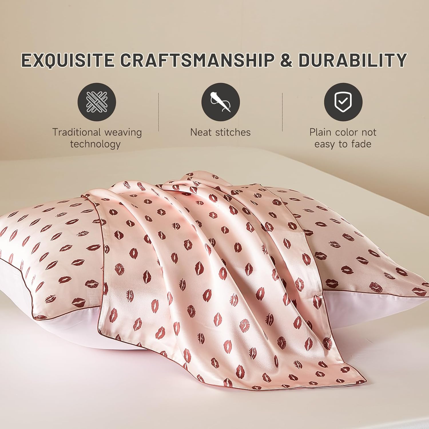 THXSILK Natural Mulberry Silk Pillowcase for Hair and Skin, Grade 6A+ Dual-Sided Silk Pillow Case with Hidden Zipper, King Size 20"x36" Silk Pillow Case, 1pc, Pink Lipprint