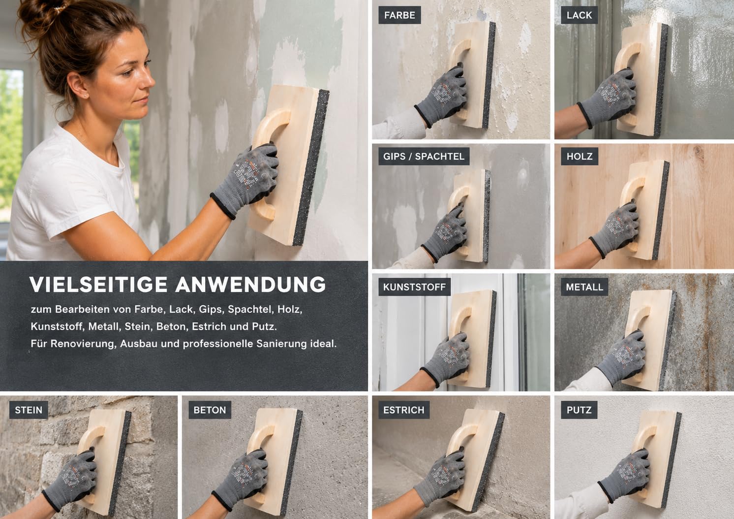 STUBAI Schleifbrett für Ytong und Styropor 500 x 240 mm, K16 Grobschliff, Schleifbelag aufgeklebt, Trockenbau, Mauerwerk, Putz, Beton, Estrich, Profi Bauwerkzeug für Handwerker und Sanierung
