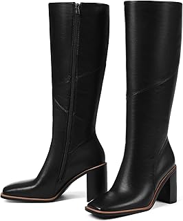 Knee High Boots for Women 3.1 Inch Chunky Heel Square Toe Leather Boot,2025 Fall/Winter Botas Para Mujer Slip Resistant Zip Up Tall Boots