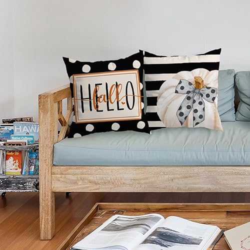 Miniatura 2 de Hello Fall - Fundas de almohada con lazo de calabaza, 18 x 18 pulgadas, juego de 2 fundas de almohada de temporada de otoño de Acción de Gracias,