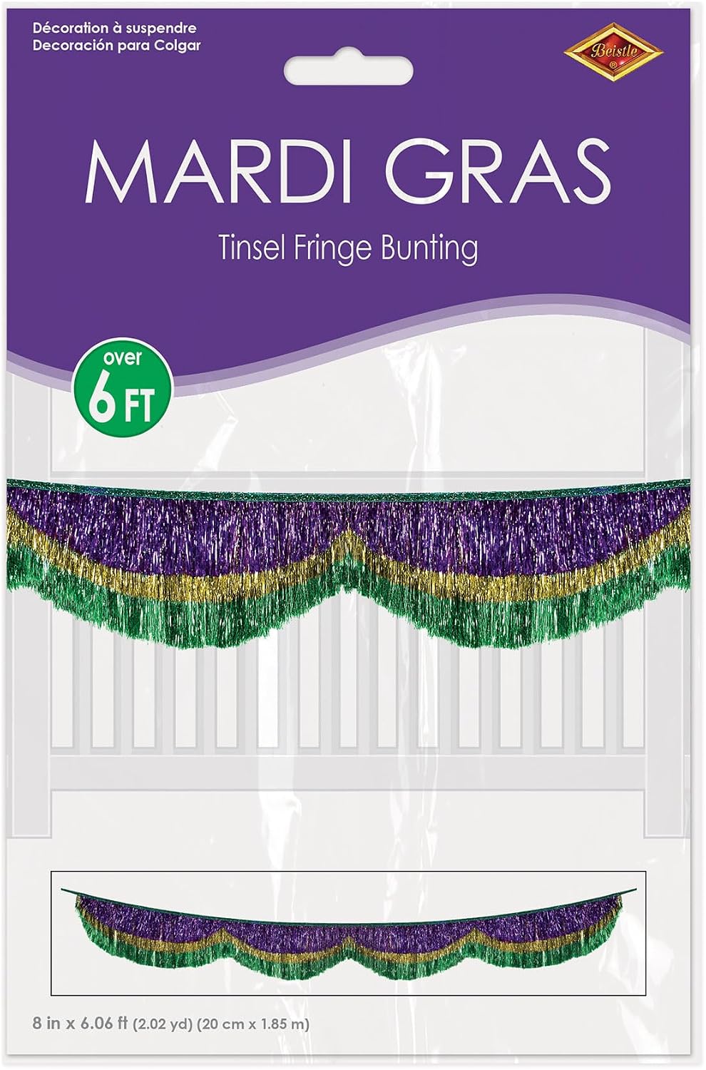 Beistle Mardi Gras Tinsel Fringe Bunting, Festive Green, Gold & Purple Garland Decoration, Sparkling Banner for Mardi Gras Parties, Parades & Events, 8” x 6’ 5”
