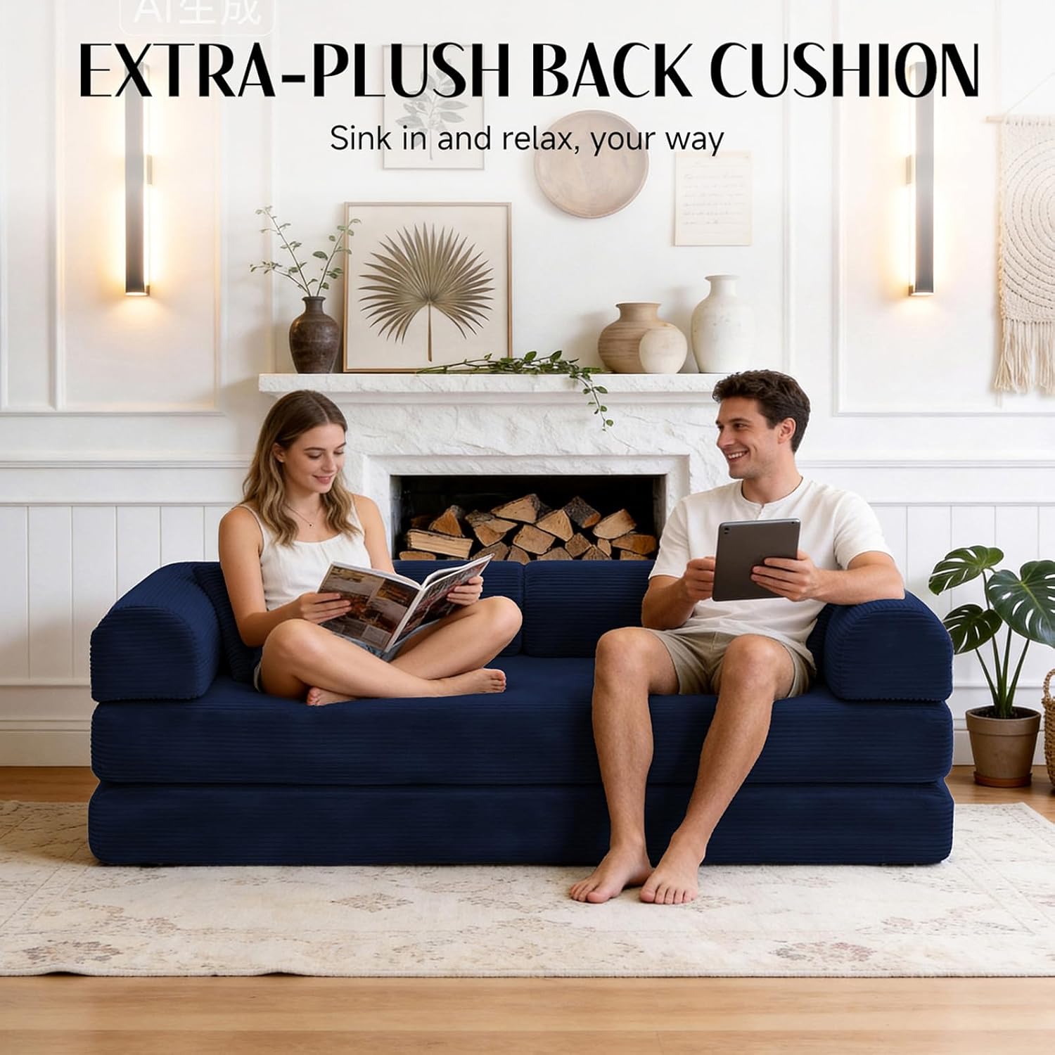 79'' Convertible Sofa Bed, Boneless Couch-in-a-Box, Corduroy Floor Futon Loveseat Sleeper, 26'' Deep Seat, Removable Machine-Wash Covers, Side Pockets, No Assembly, 2 Pillows, Navy Blue