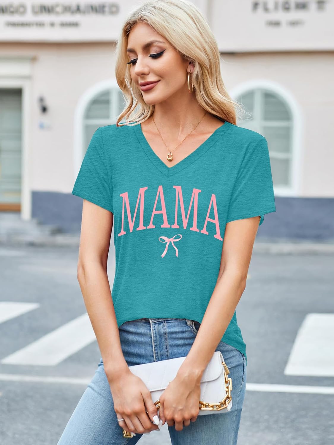 VVNTY Womens Mama Shirt: Mama Letter Print T-Shirt Pink Bow Mom Life Tee V Neck Graphic Tee Tops - Image 2