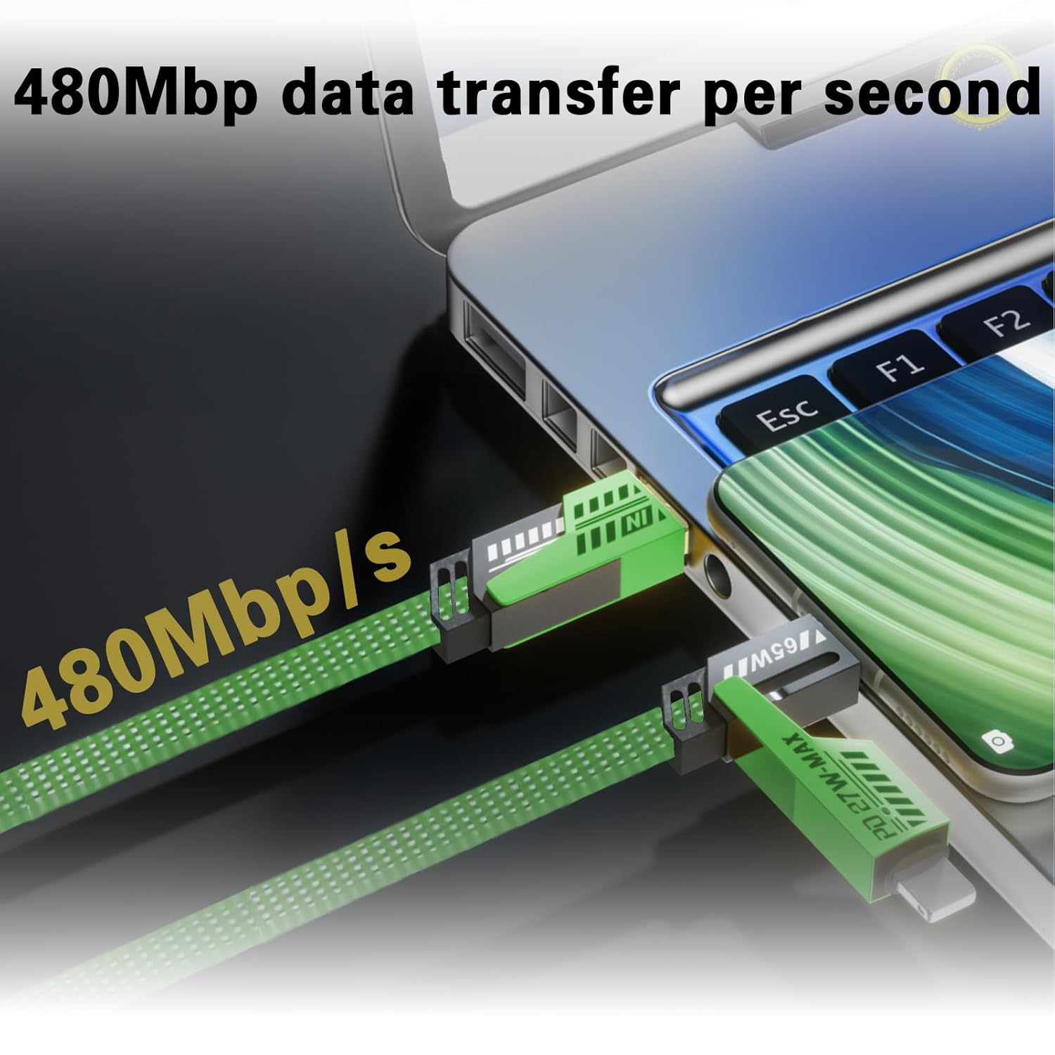 2Pack 4 in 1 Fast Charging Cable, Transferring Data, 6.65 Ft, Braided Cable 65W, USB C USB A and IP, Multiple Charging Cable Compatible with iPhone 17/16/15/14/13/12/11/X/9/8, Pad/More (Green) - Image 6