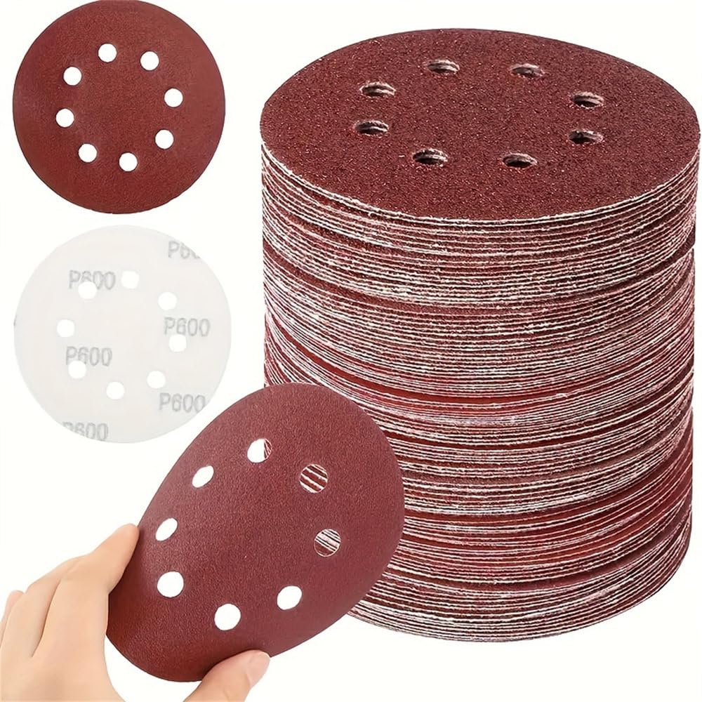 Juego de 100 Discos de Lija de 125 mm y 5 Pulgadas, con 8 Agujeros, Papel de Lija con Velcro para Herramientas de Pulido, 125 mm, 100 Unidades