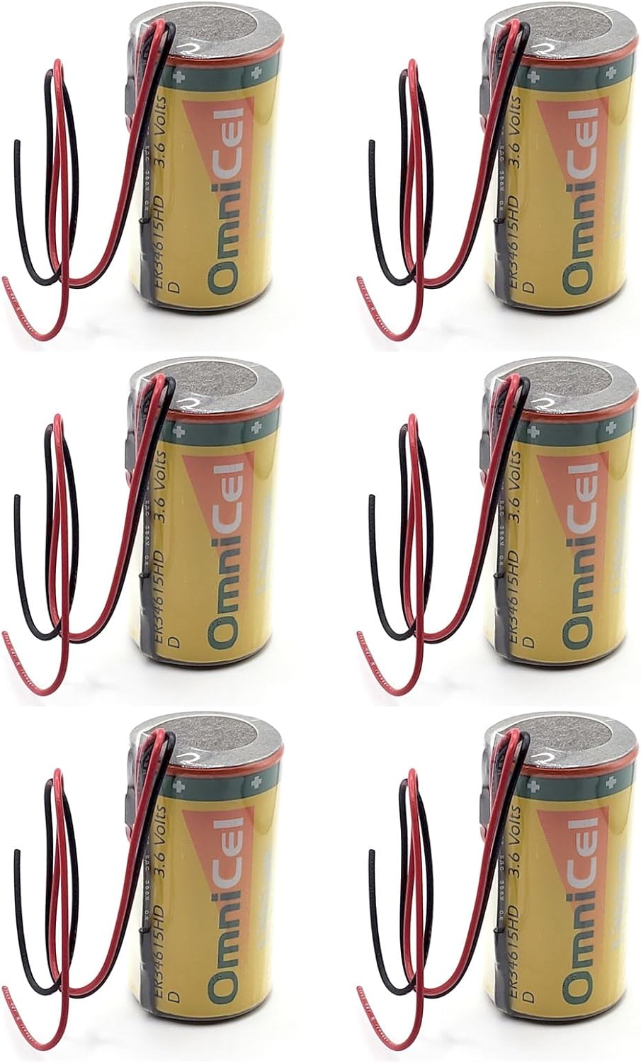6X OmniCel ER34615HD/W LithiumThionyl Chloride Battery with Wire Leads for Fleet Monitoring, Tracking Devices for Hunting Dogs, Carbon Monoxide Detectors, Intrusion Sensors, Invisible Fencing