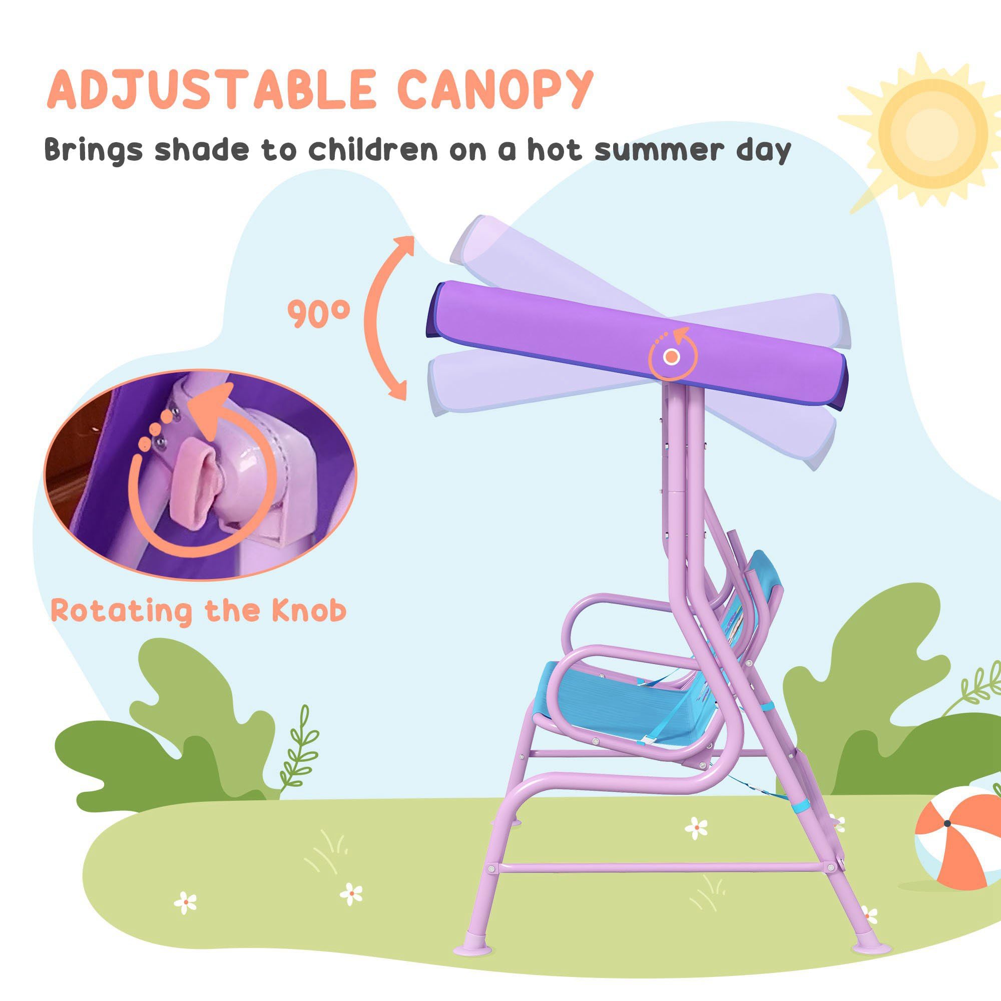 Outsunny Balançoire 2 places pour enfants avec auvent réglable, banc de jardin double sur le thème des fées avec ceintures de sécurité pour patio, parc, porche, pour enfants de 3 à 6 ans, couleur