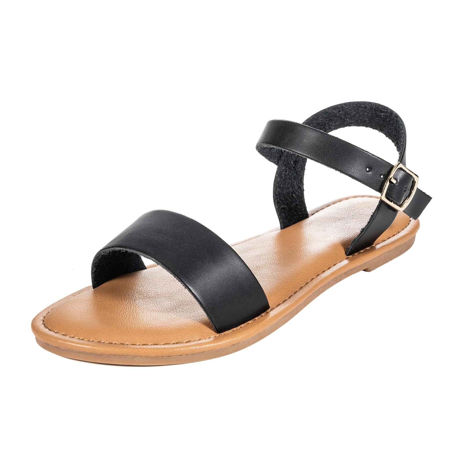 mazeskin Womens Ankle Strap Memory Foam Flat Sandals Vegan Leather Cushion Comfortable Open Toe Casual Summer Vacation Adjustable Buckle Shoes with Two Strap Non Slip