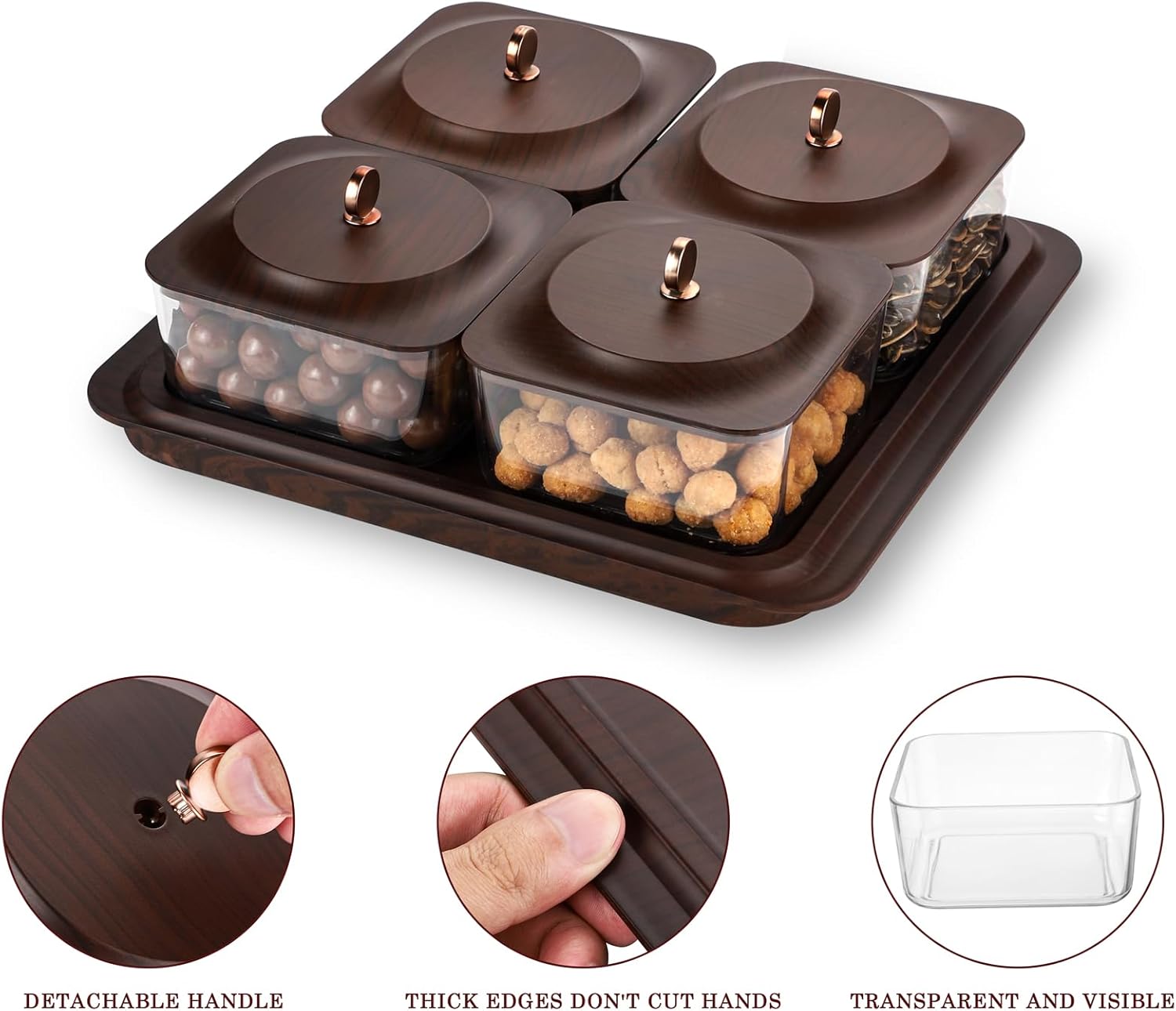Serving Set: Plastic Imitated Wood Serving Tray & 4 Snack Boxes with Lid, Ideal for Home, Party & Birthday