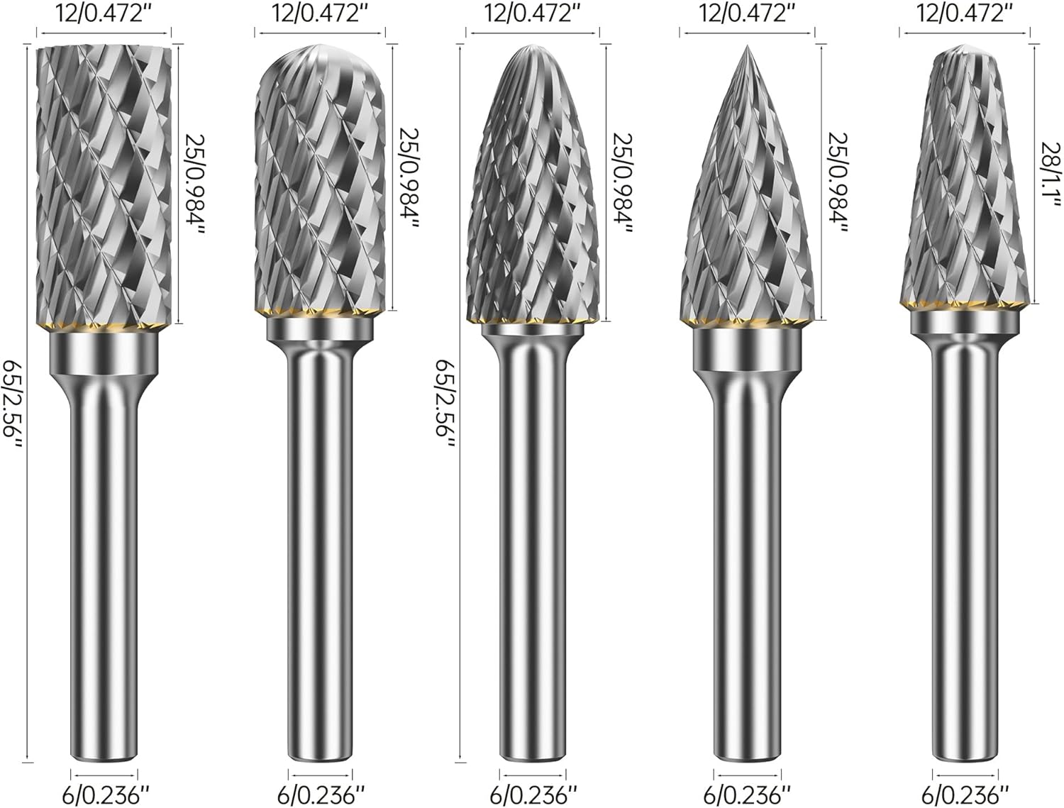 HUHAO Carbide Rotary Burr Set for Dremel, 5PCS Carbide Double Cut Carving Burr Bits with 1/4" Shank Rotary Tool Accessories for Woodworking, Engraving, Drilling, Steel Metal Working,12mm