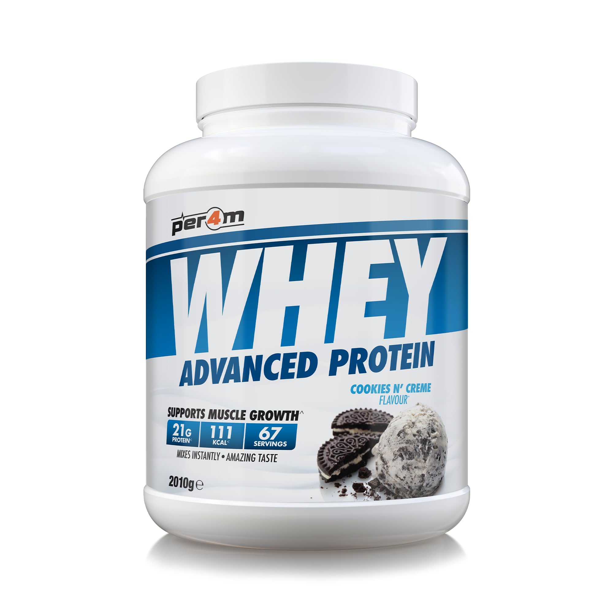 PER4M Whey Protein Powder Cookies N Creme | 21g Protein Per Serving | High Protein Shake for Muscle Growth & Recovery | Low Sugar Gym Supplement | 67 Servings | 2.01kg
