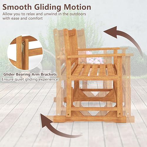 Miniatura 6 de Tangkula Banco planeador de madera de acacia para 2 personas, resistente 800 libras, sofá biplaza mecedora para patio con asiento y respaldo de