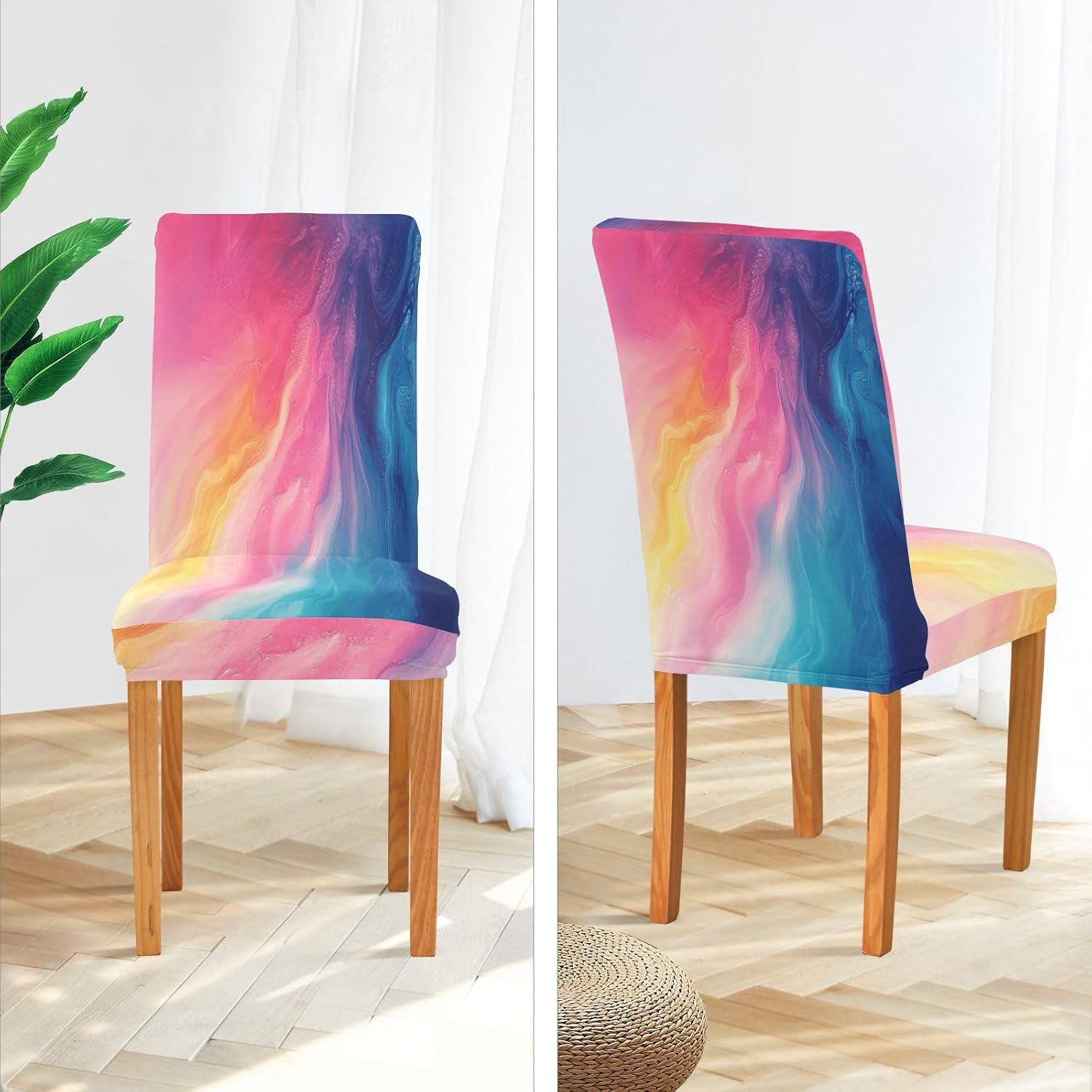 ALAZA Chair Covers for Dining Room, Pink Yellow Blue Rainbow Color Stretch Chair Cover Sets Chair Protector Removable Washable for Ktichen Restaurant Hotel
