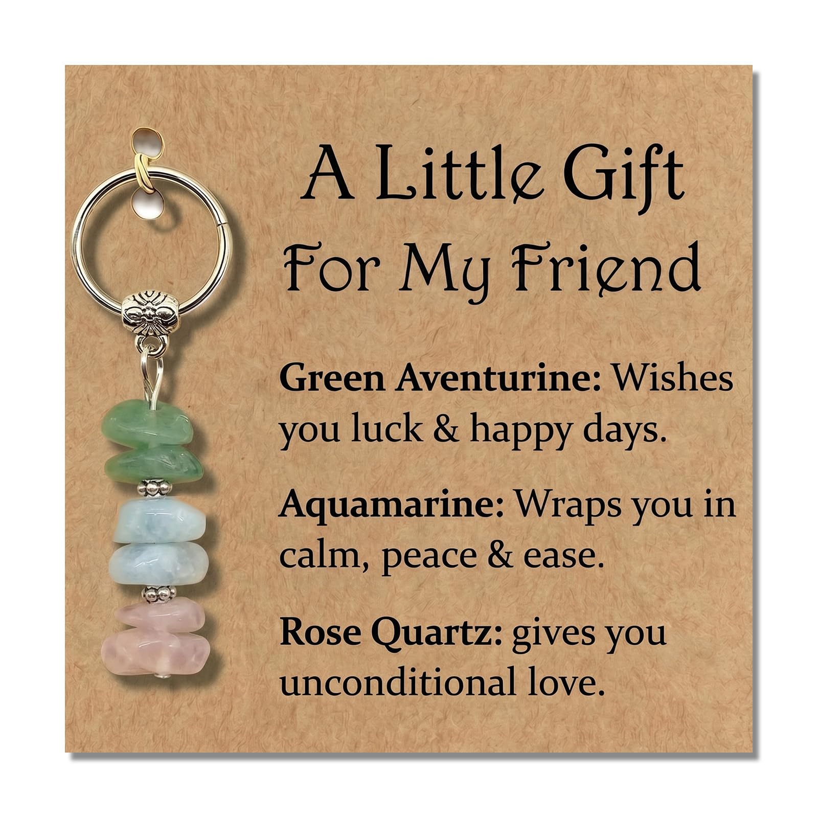 AIKOBAA Encouragement Gift for Friends, Crushed Crystal Keychain with Green Aventurine Aquamarine Rose Quartz, Friendship Present for Women Men, Good Luck Support Gift with Blessing Card
