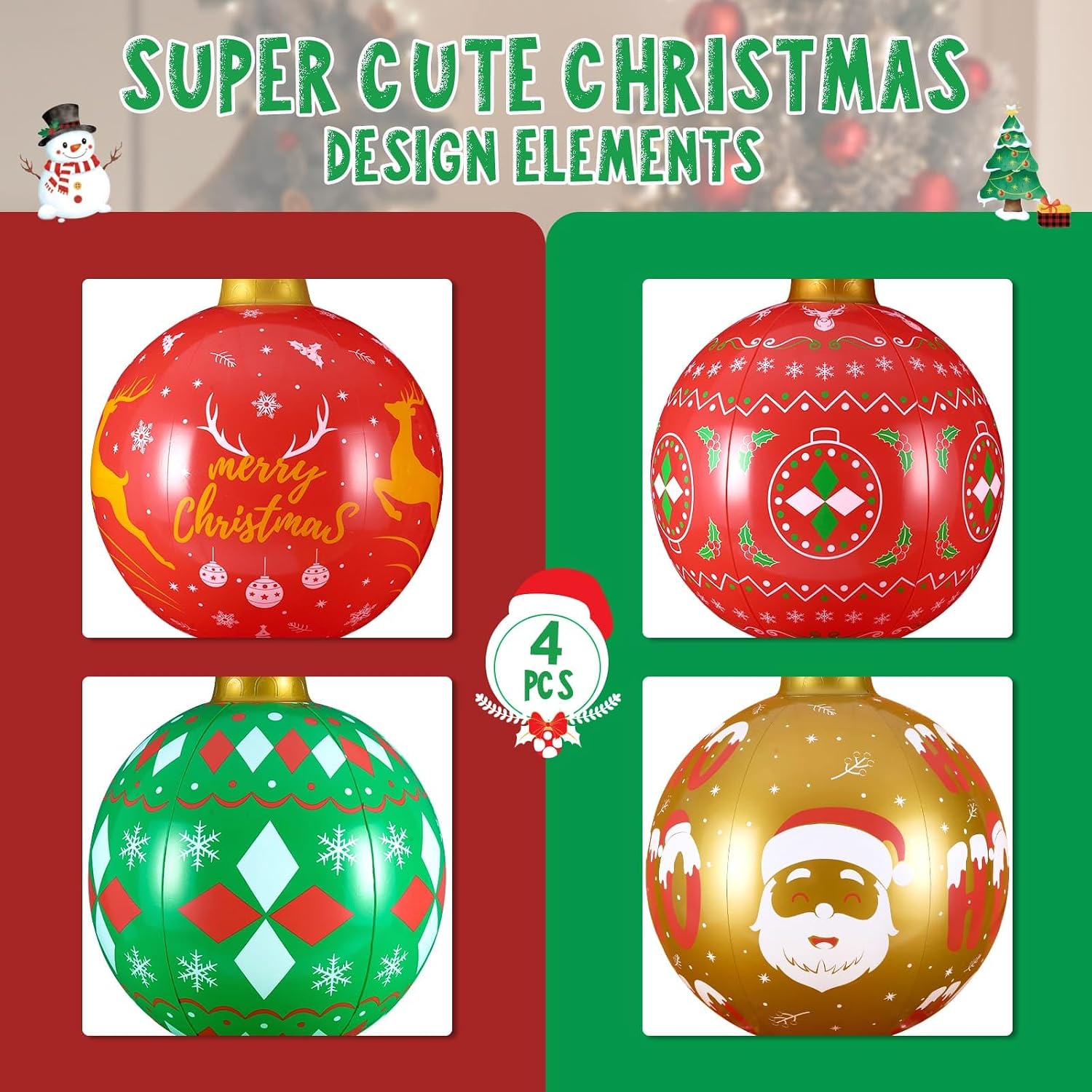 WERNNSAI 4 Pcs 24" Giant Inflatable Christmas Ball Large PVC Decorated Ball Blow Up Christmas Inflatables Ornaments Outdoor Holiday Yard Tree Decorations for Xmas/New Year